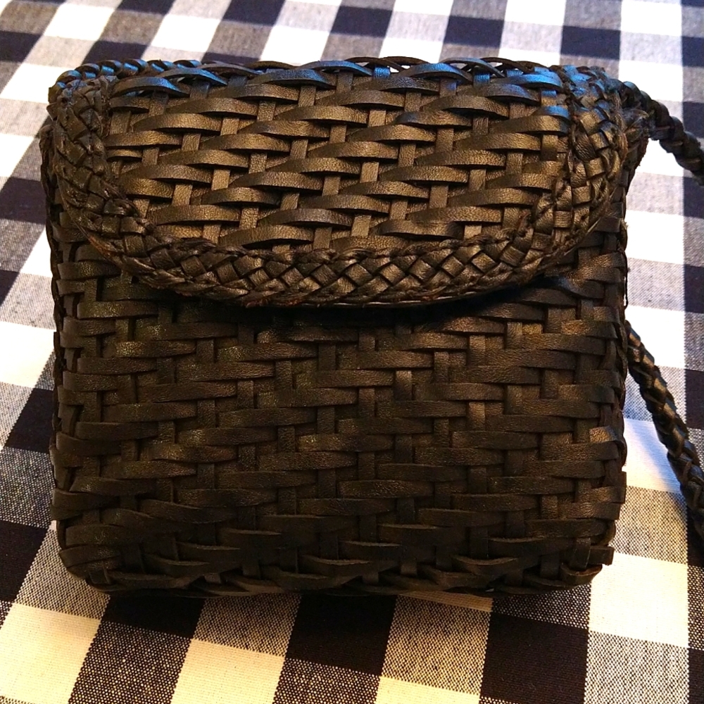 Nordstrom's Black Woven Leather Crossbody Purse With Magnetic Closure